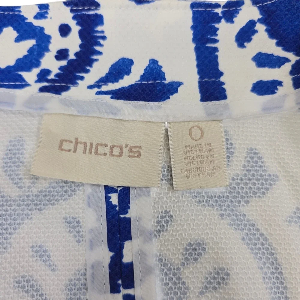 Chicos Women's Blazer Size 0 Blue White Floral‎ Jacquard 3/4 Sleeve Career